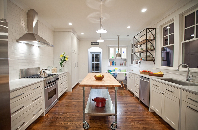 Contemporary kitchen that uses the kitchen cart as an ergonomic island