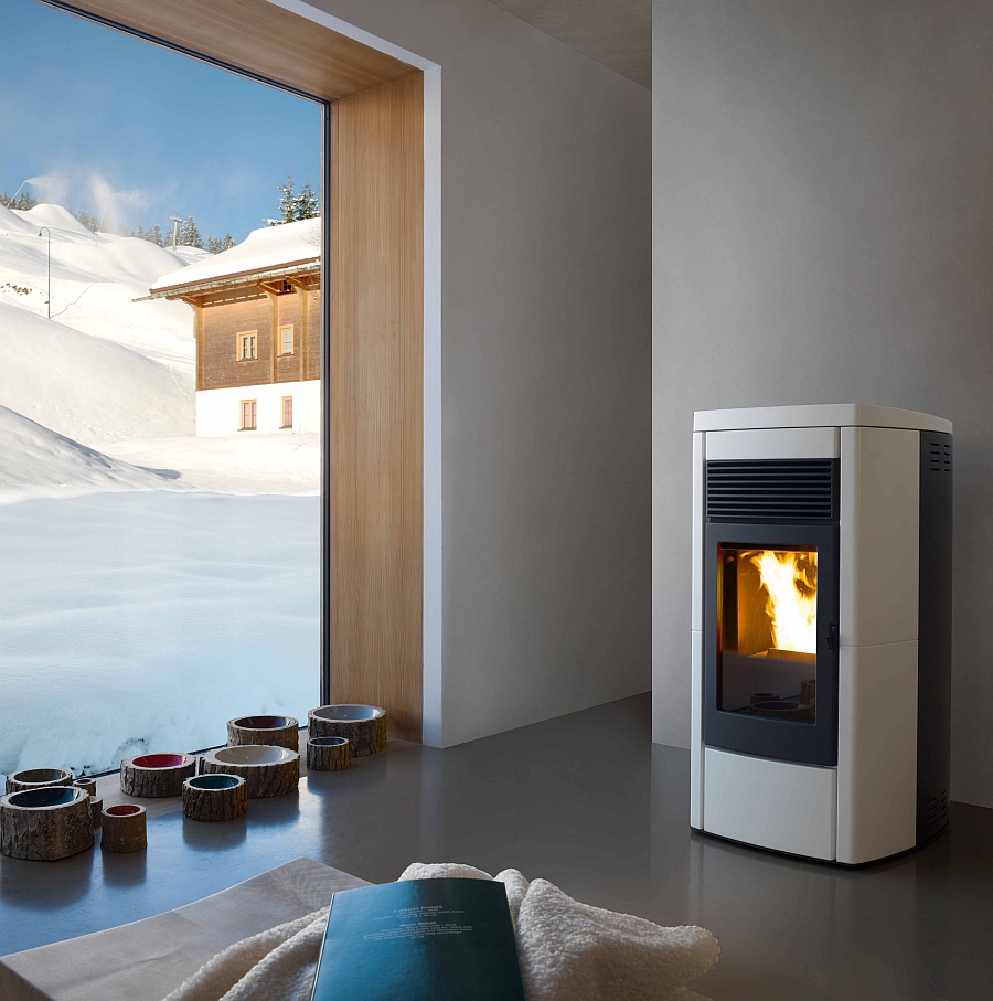 Contemporary pellet-burning stove heats up radiators and your floors as well