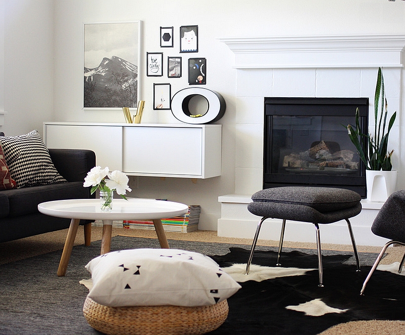 Contrasting textures bring a hint of playfulness to the black and white room