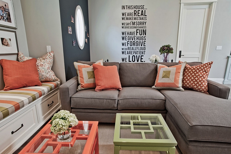 Coral coupled with refreshing lime green to create a breezy living room