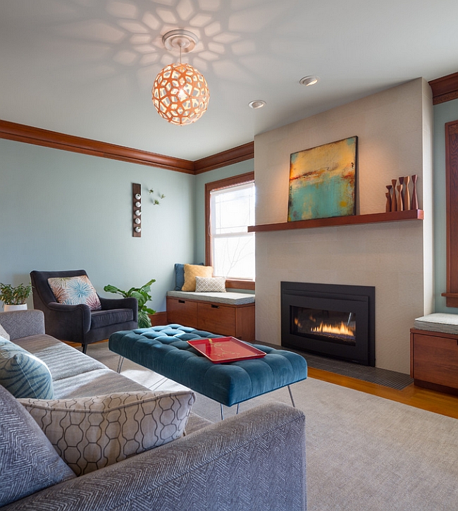 Coral pendant becomes the focal point in this spacious room with high ceilings