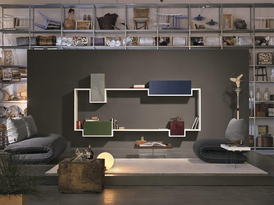 Creative way of using modular wall units along with a bookshelf