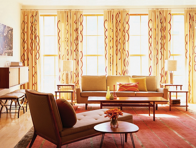 Decor with crisp, clean lines and the patterned drapes give the room a midcentury modern vibe