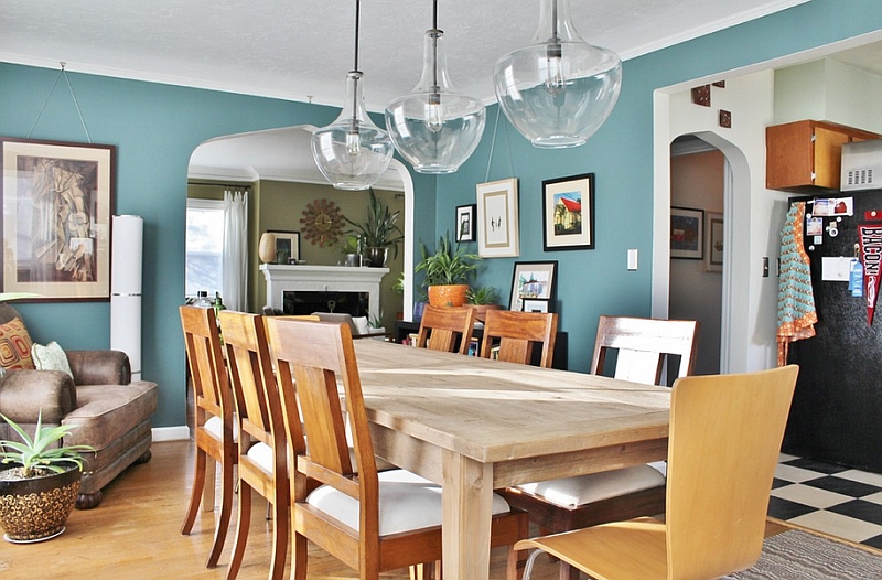 Eclectic dining room with a breezy combination of Caribbean Teal and white