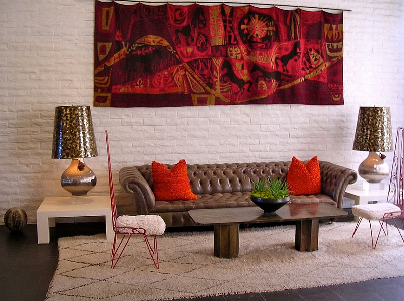 Eclectic living room with Moroccan accents and bright pops of color