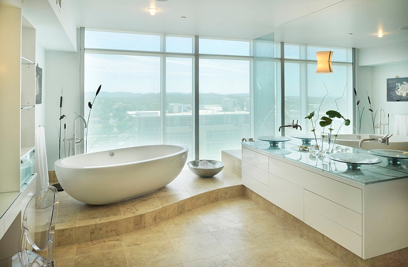 Elegant bathroom with a standalone tub in white