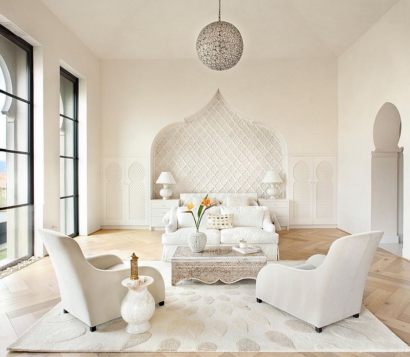 Elegant bedroom in white combines Mediterranean and Moroccan influences