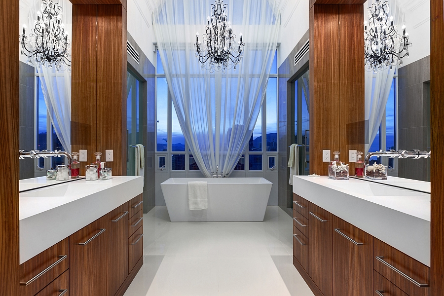 Ensuite bath with stunning use of contemporary chandelier