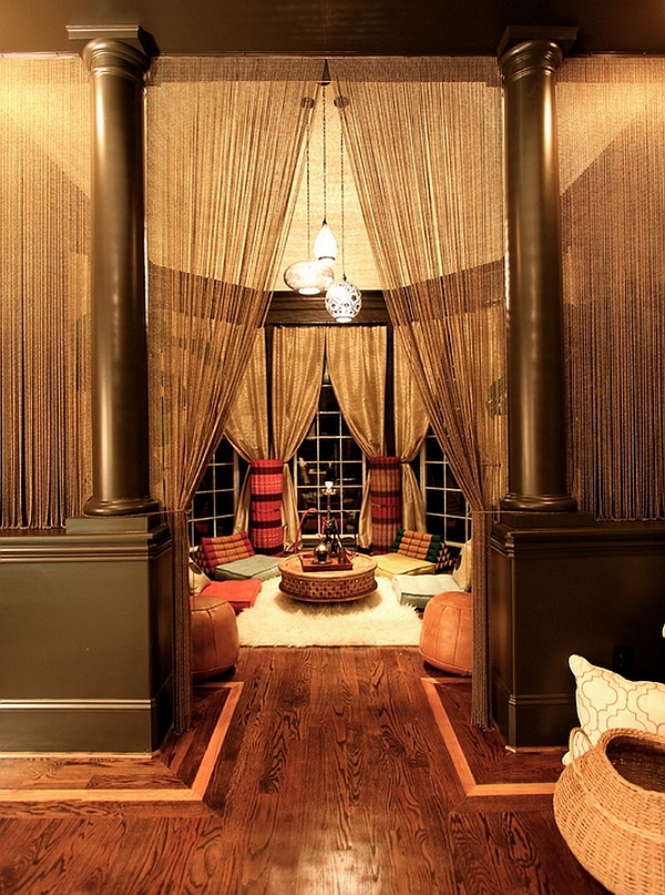 Exotic Living room with a Moroccan theme offers ample privacy