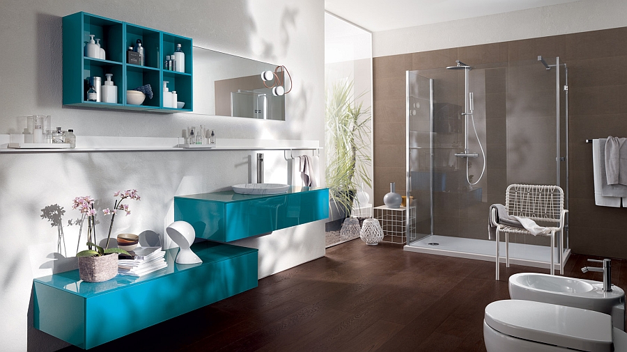 Exquisite bathroom composition in white and turquoise