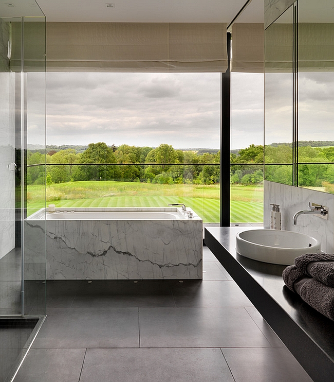 Exquisite bathroom with a stunning view of the landscape outside