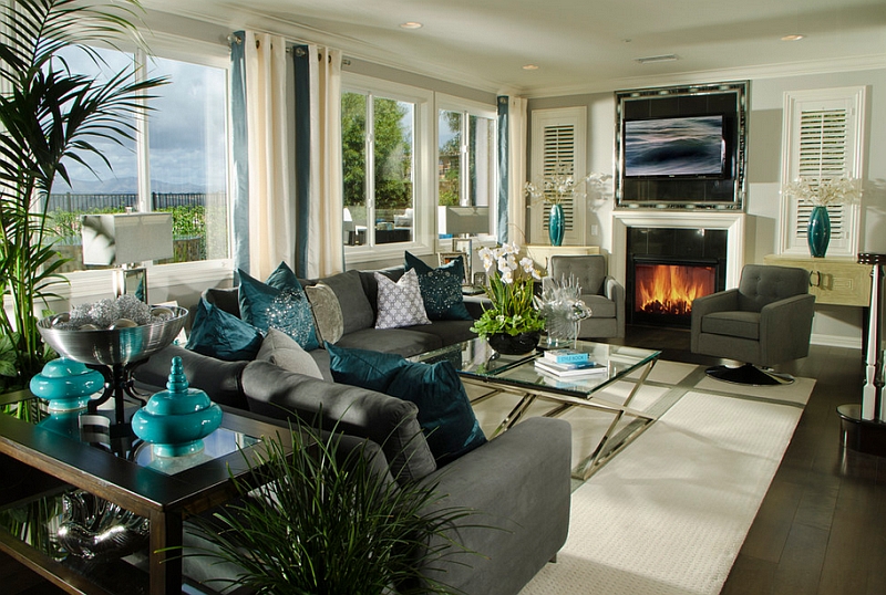 teal and dark gray living room