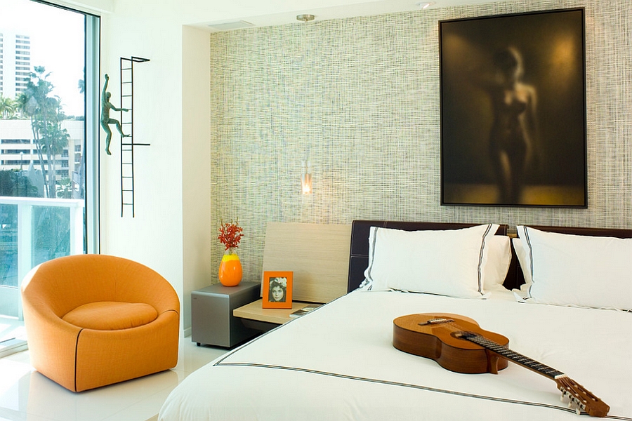 Fantastic use of color, texture and shade in the bedroom with a distinct masculine vibe