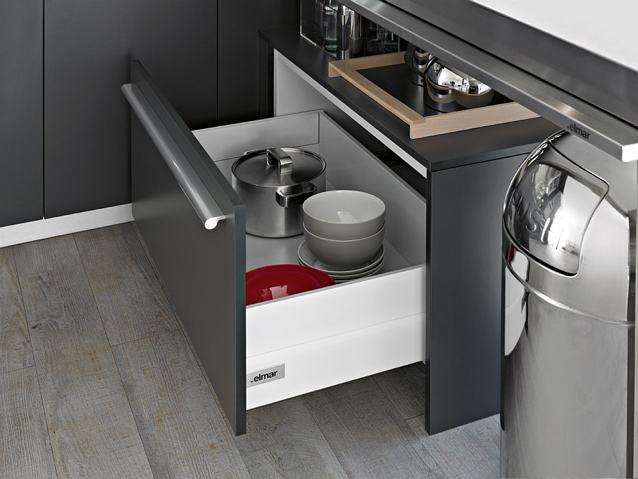 Fashionable kitchen shelves complement the uber-elegant look of the Playground kitchen