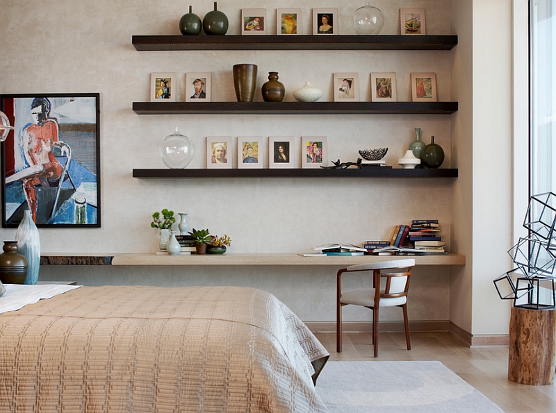 Floating shelves and a corner workstation in the bedroom