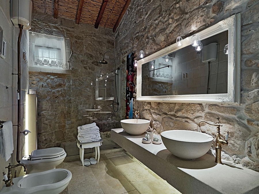 Floating vanity with twin sinks in the rustic bath