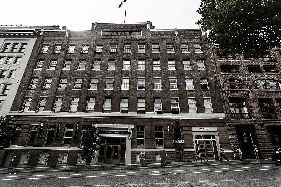 Front facade of the iconic Crane Lofts in Vancouver