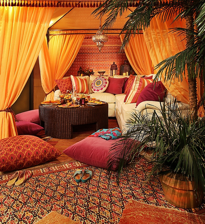 Give your living room an authentic Moroccan look with rugs, floor pillows and Moroccan prints