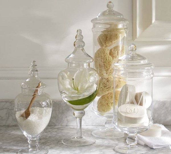 Glass apothecary jars for the powder room