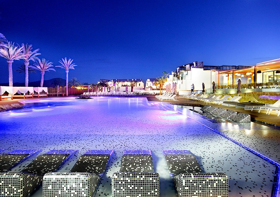 Goregous Eden pool area illuminated at night - Hard Rock Hotel Ibiza