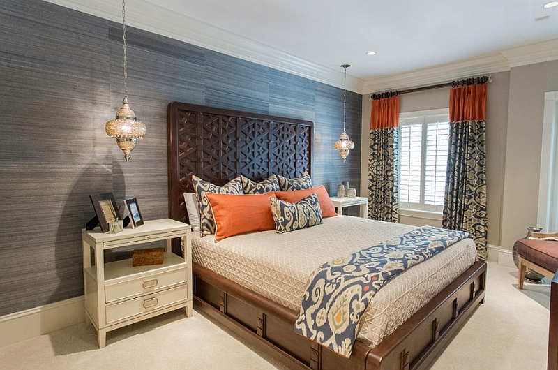 Gorgeous blend of Moroccan elements with sleek, contemporary bedroom design