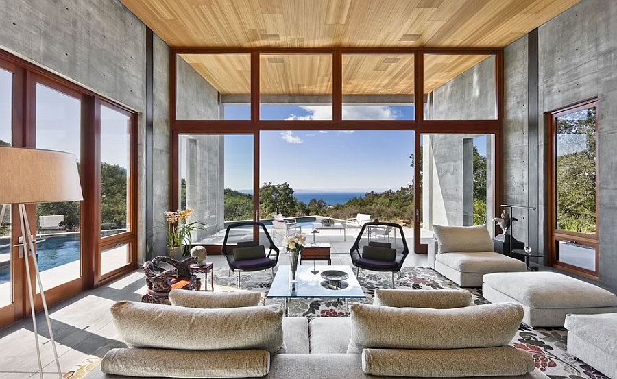 Gorgeous living room with stunning canyon views, lightweight concrete floor and natural mahogany ceiling