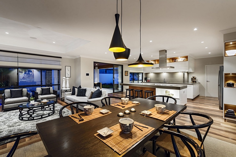 Gorgeous pendant lights and an airy interior create a serene setting