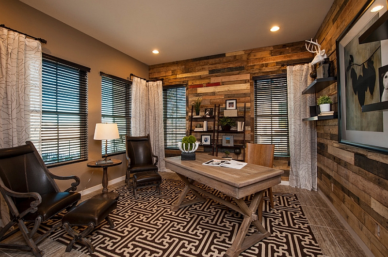 Gorgeous repurposed wood wall in the modern home office makes for a sustainable addition