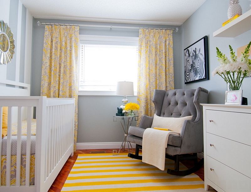 Gray in the nursery works well as a backdrop when combined with warm colors like yellow