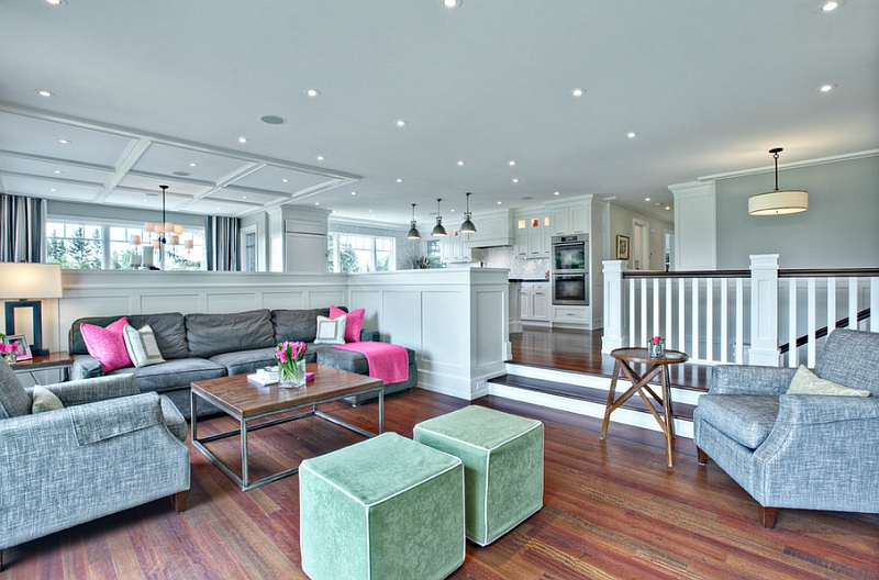 High cupboards that surround the sunken living room also provide ample privacy