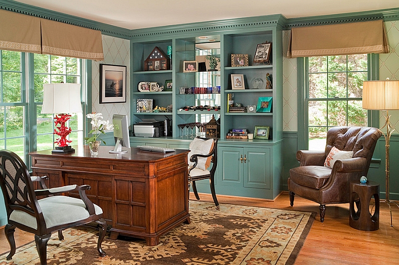 Home Office cabinets painted in cool Caribbean Teal