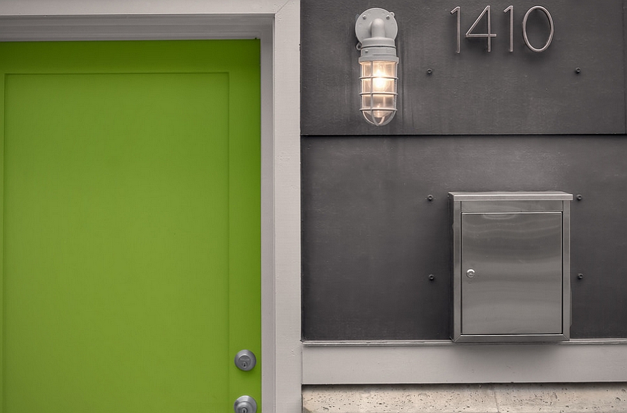 Industrial styled entrance with a gorgeous green door