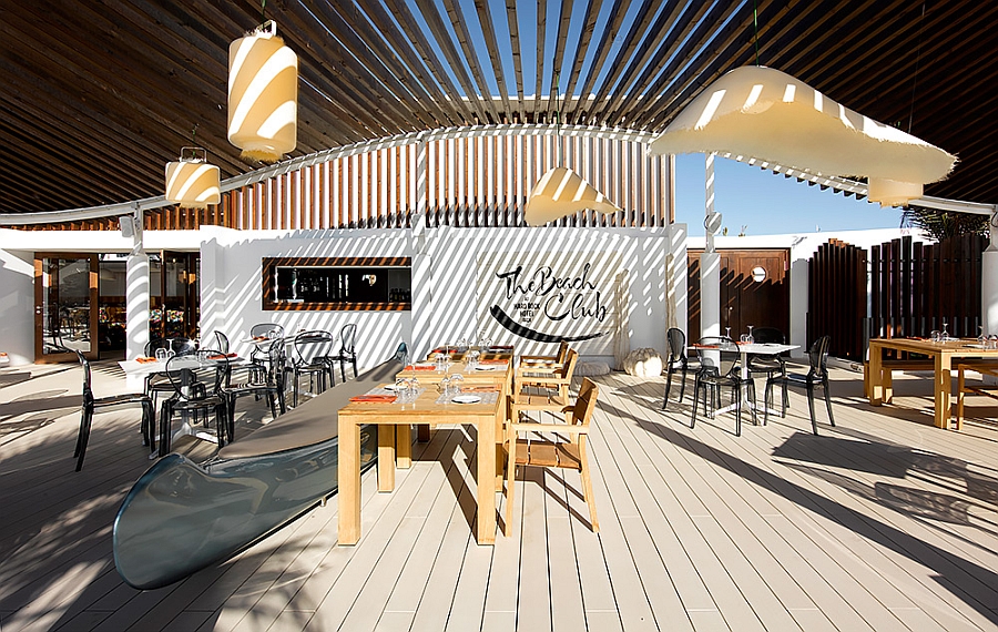 KOS Teak Collection of Outdoor tables and chairs at the Beach Club Ibiza