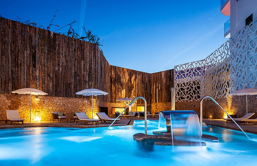 LED lighting brings the pool area of the Rock Spa in Ibiza alive