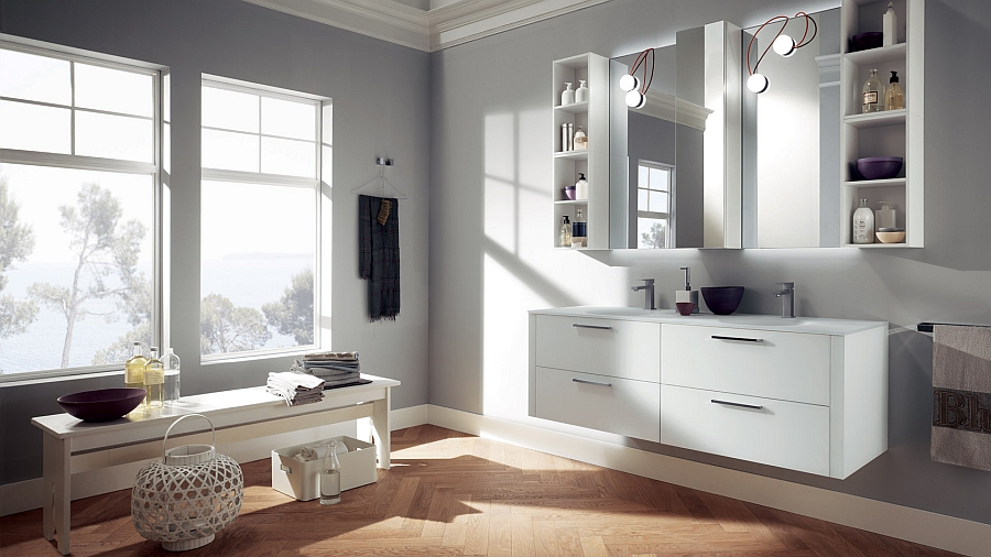 Lacquered wall-hung cabinets with mirrored doors and open-shelf elements for the trendy modern bath