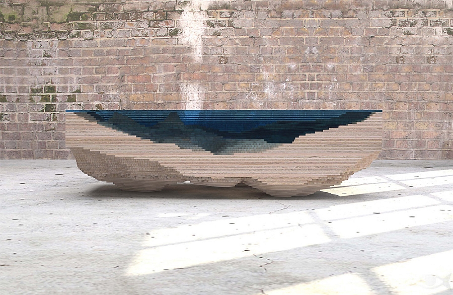 Layered table made from sculpted Perspex and wood to replicate the ocean