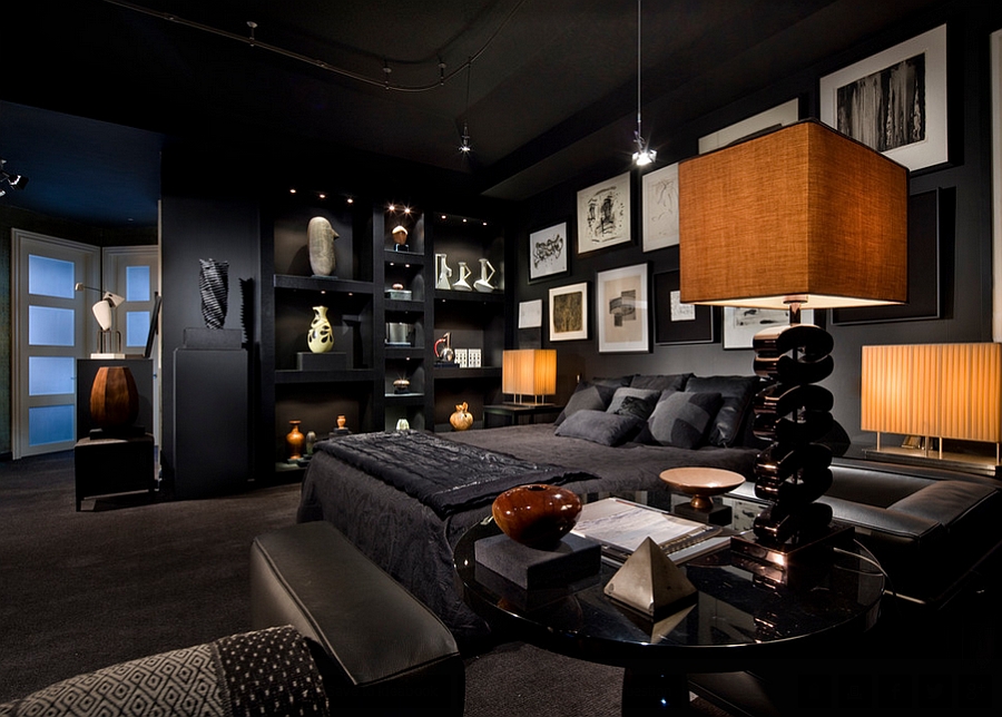 Lighting and color defines this captivating bedroom in black