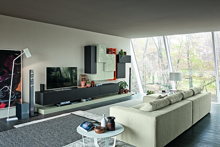 Living room wall unit composition with space for the flat screen TV and colorful cabinets