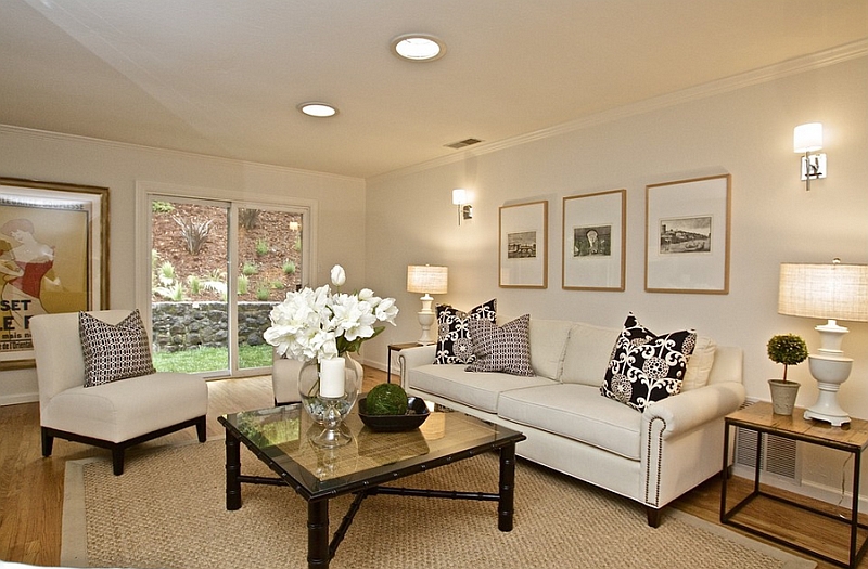 Living room with low ceiling benefits with more white and less black