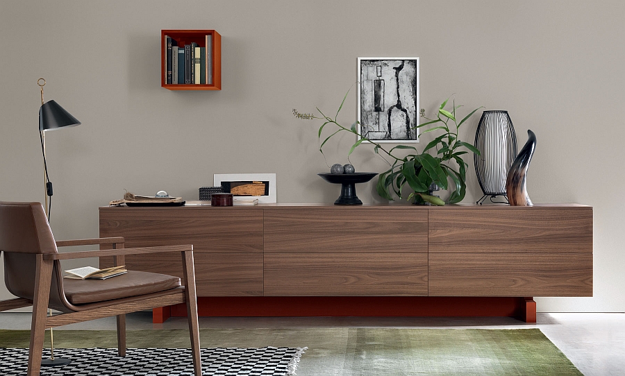 Living room wooden wall unit with sleek, minimal design