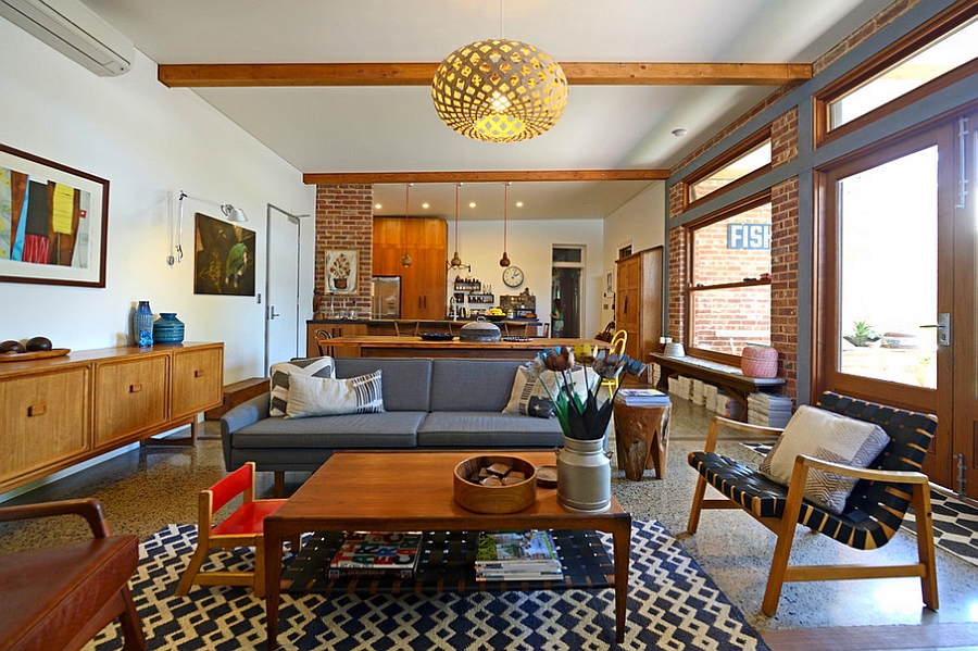 Lovely blend of textures in the living room along with the Jens Risom chairs