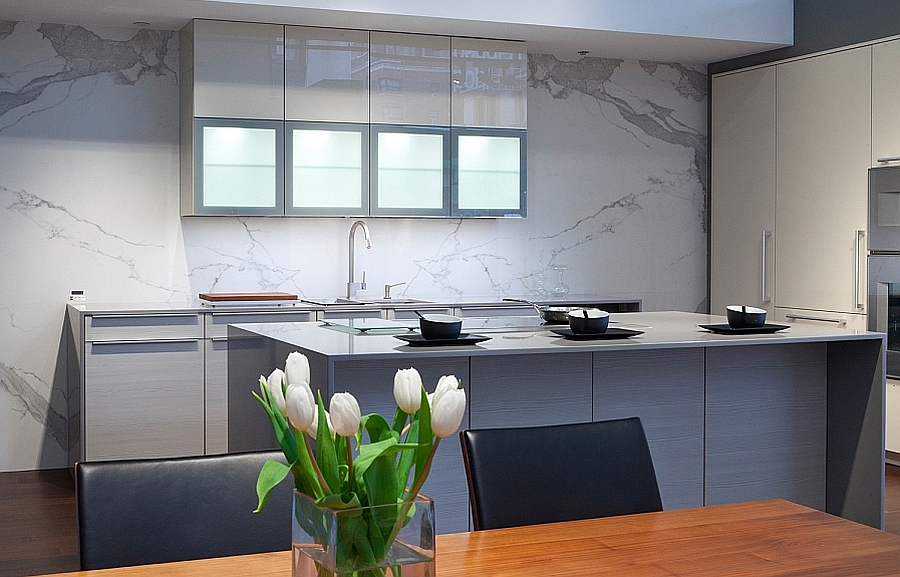 Lovely marble styled backsplash in the stylish kitchen with durable porcelain tiles