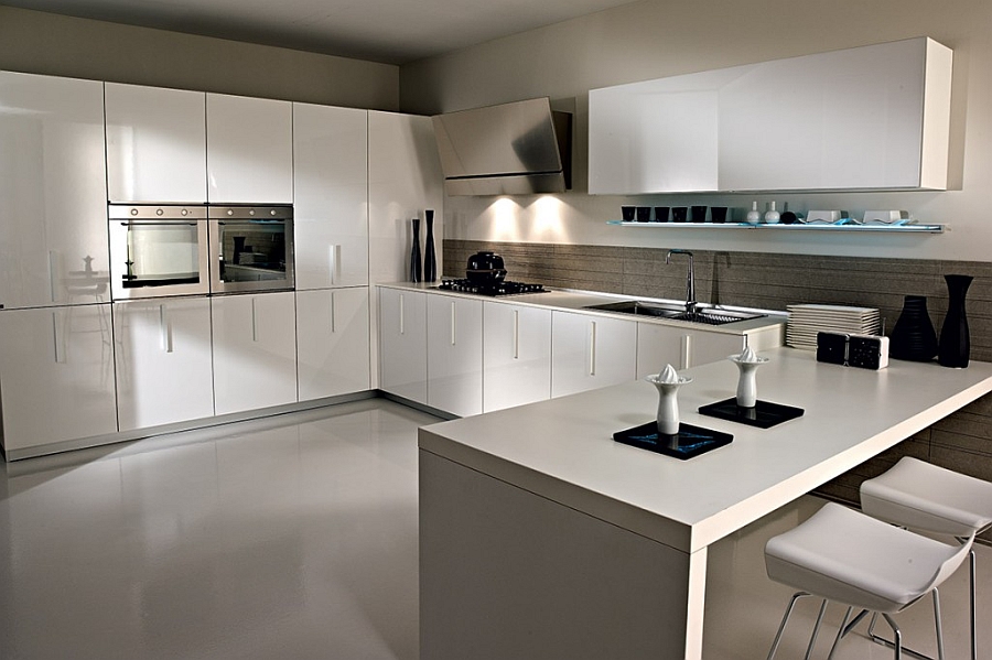 Lovely serving station complements the sleek look of the kitchen