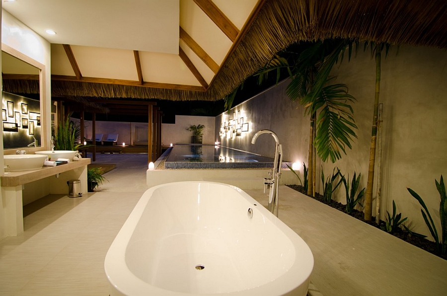 Luxurious villas of the Kuramathi Island Resort after sunset