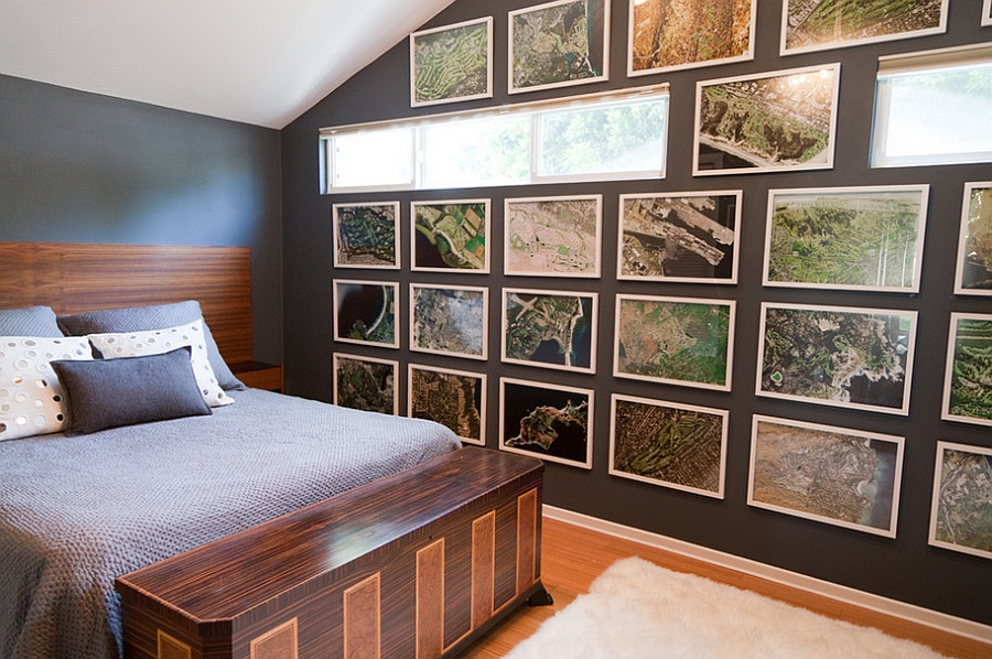 Masculine bedroom for a professional golfer with satellite images of golf courses!