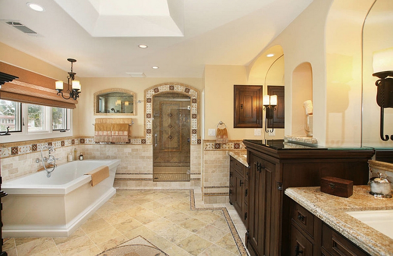 Master bathroom with golden yellow accents and a spanish revival style