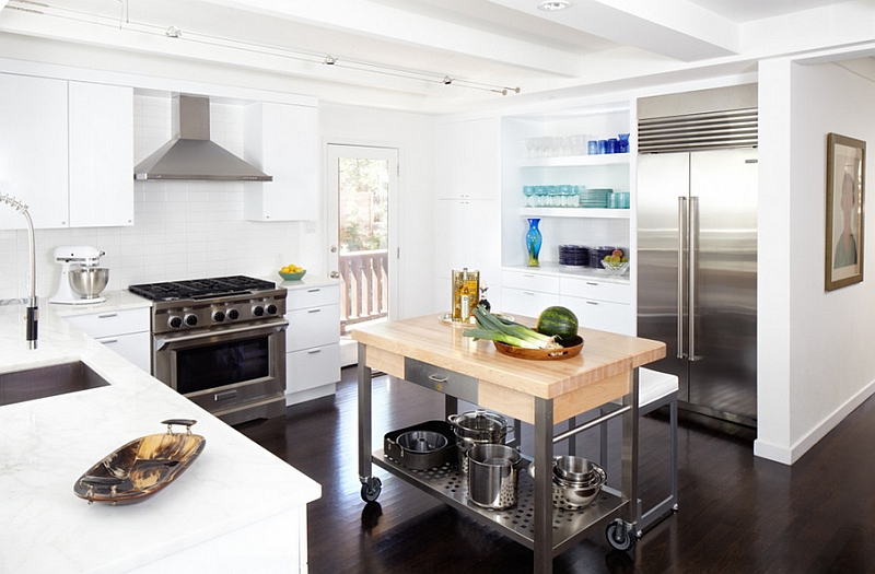 Midcentury kitchen with a cool kitchen island on wheels