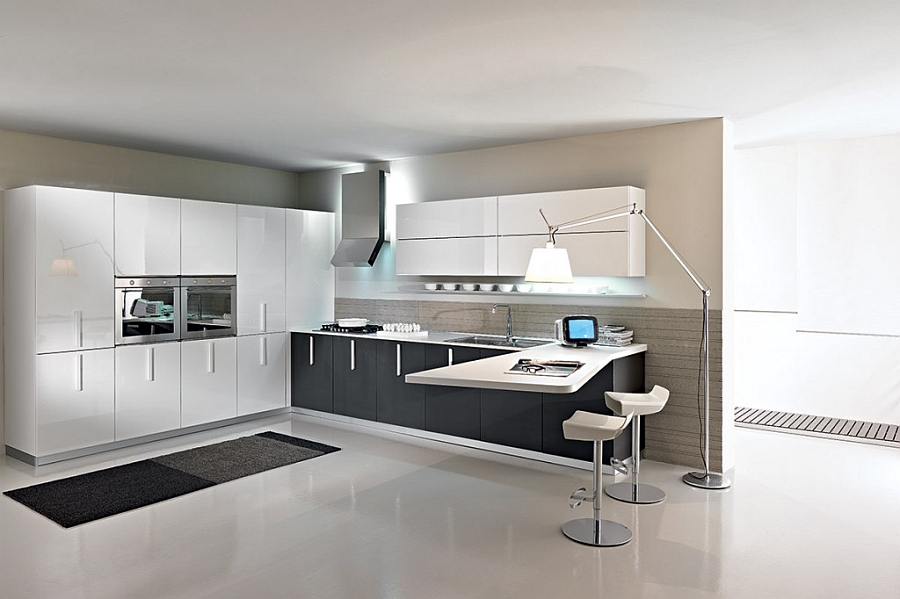 Minimalist contemporary kitchen in white with a cool serving area