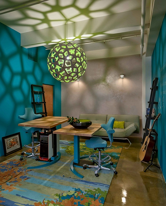 Modern home office showcases the mesmerizing honeycomb patterns that the Coral Pendant can cast