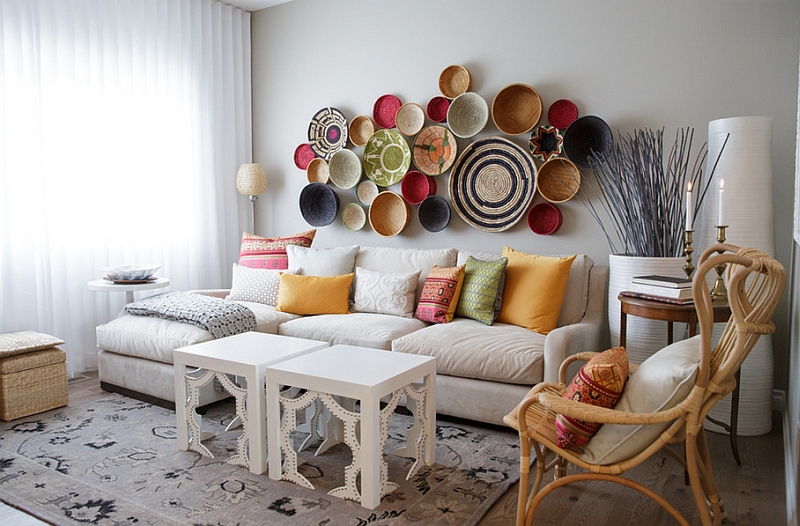 Moroccan Modern Room With A Wall Arrangement Crafted From Baskets 